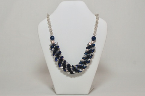 *Blue and Silver Pip Spiral Focal Beaded Kumihimo with Chain Necklace